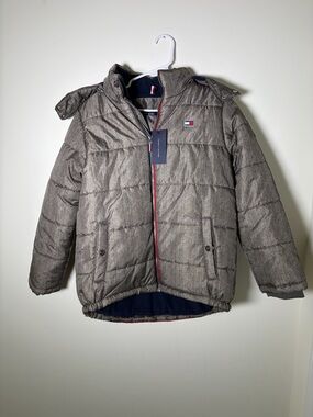 Tommy Hilfiger Boys Large (14/16) Gray Quilted Puffer Coat with Navy Trim